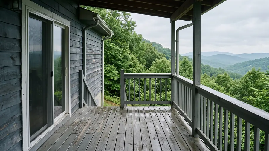 A covered back deck with damp grey boards and a wooden railing, looking out over wooded hillsides and distant ridgelines