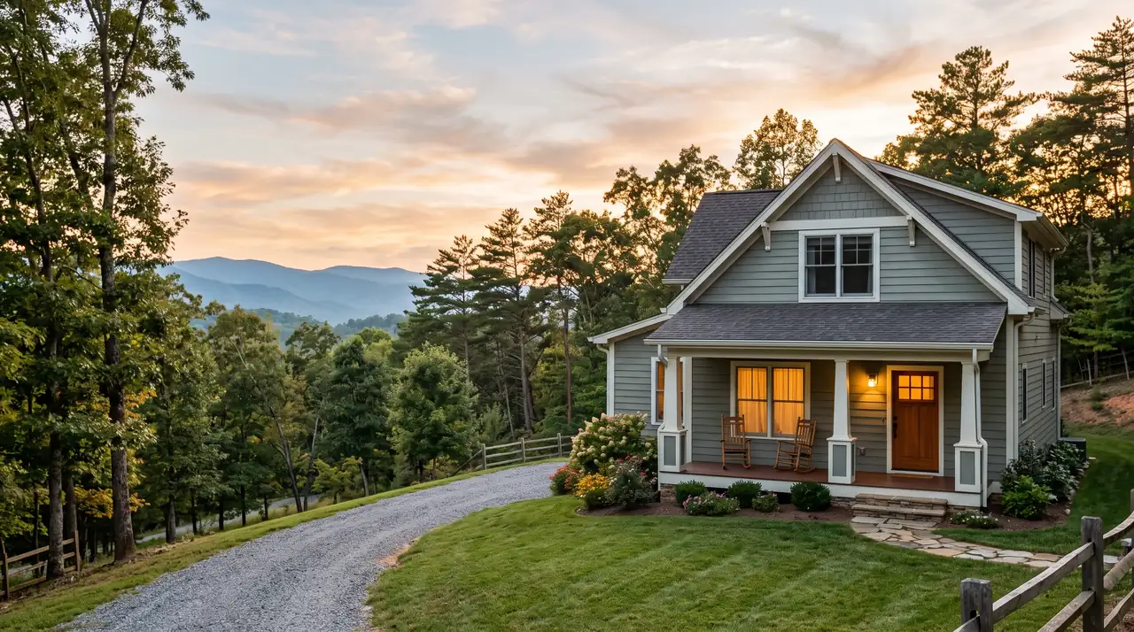 A modest grey craftsman house with a covered front porch and two rocking chairs at the end of a gravel drive, wooded hills and distant blue ridgelines behind it at sunset