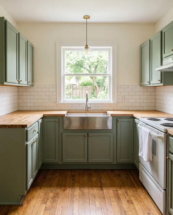An empty, clean kitchen with sage-green cabinets, butcher-block counters and a window over the sink looking out at trees