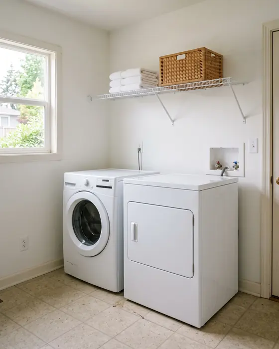 A tidy laundry room with a white washer and dryer, a wire shelf with folded towels and a basket, and a window looking out at trees