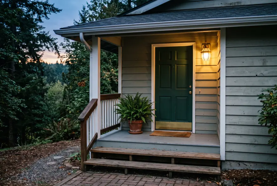 A small porch at dusk with a dark green front door, a lit lantern, a potted fern and wooden steps, with evergreen trees behind