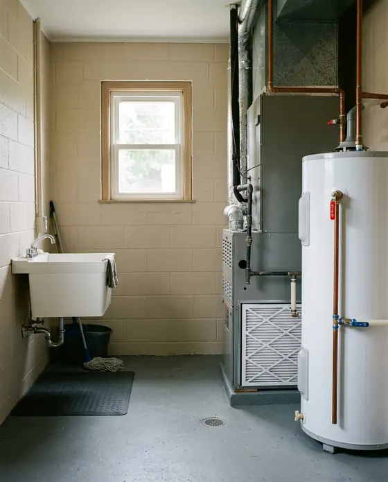 A tidy utility room with a white water heater, a grey air handler with a pleated filter, copper pipes with shutoff valves and a utility sink