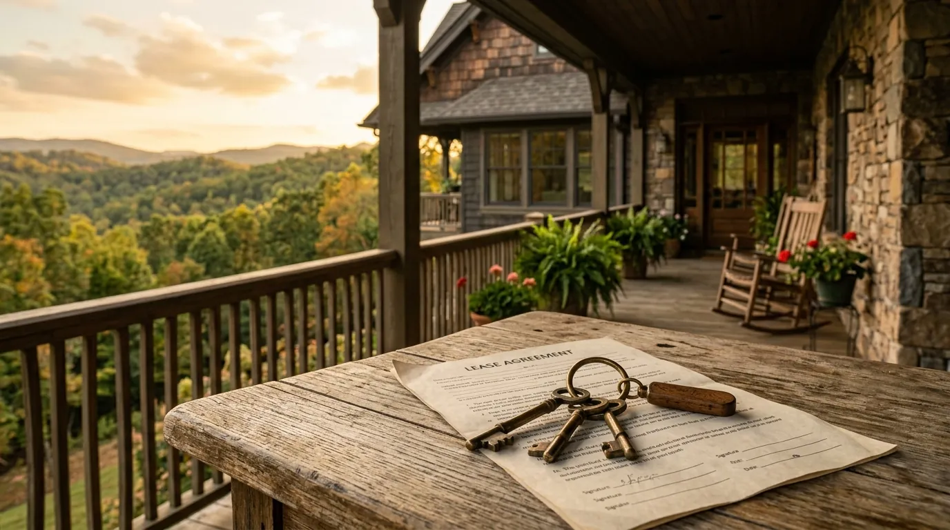 Brass keys resting on a lease agreement on a wooden porch table, with a craftsman-style house and forested hills in the background