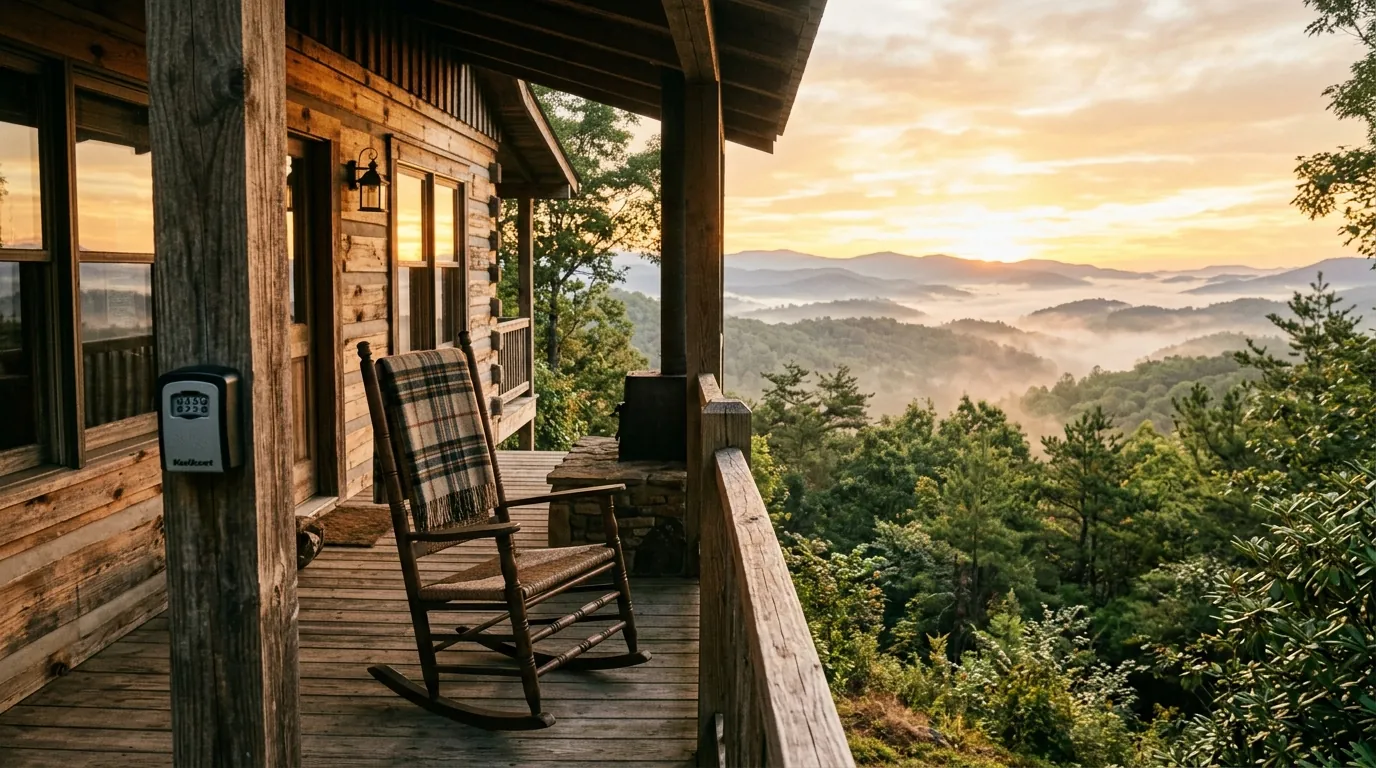 A wooden cabin porch with a keypad lockbox and rocking chair, overlooking foggy, tree-covered North Georgia mountain ridges at sunrise