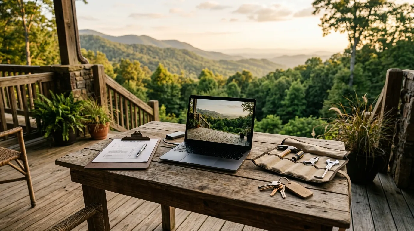 A wooden table on a mountain porch holding a clipboard with a rental checklist, a laptop, repair tools, and house keys