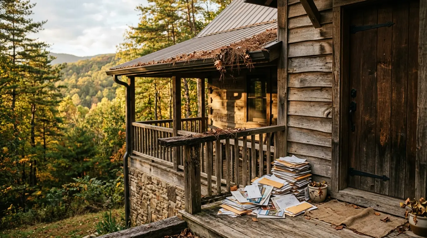 Uncollected mail piling up on a rustic cabin porch next to a gutter overflowing with pine needles and fallen leaves