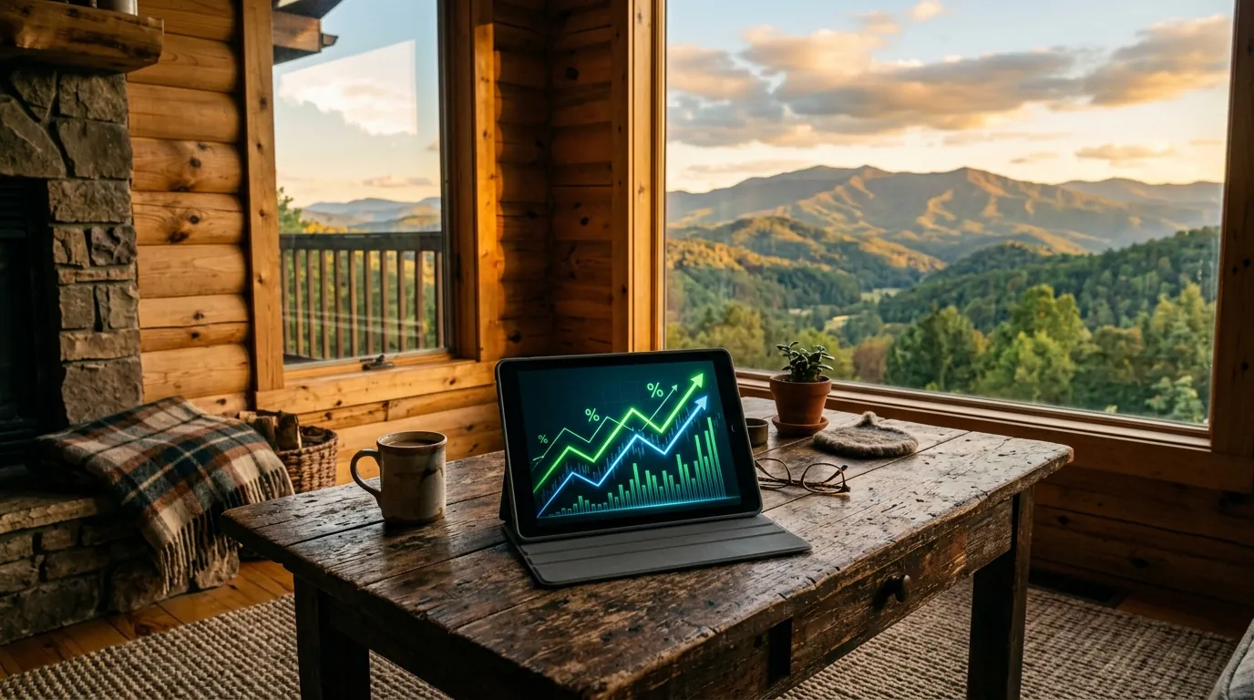 A tablet displaying financial growth charts sits on a rustic wooden coffee table inside a cozy log cabin overlooking mountain peaks