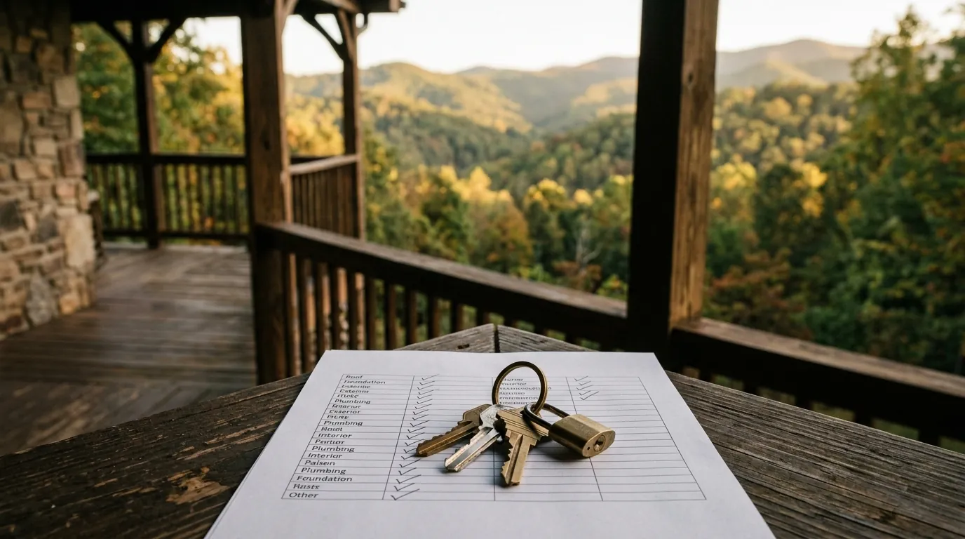 A set of house keys resting on a property evaluation checklist on a rustic porch, with forested rolling hills blurred in the background