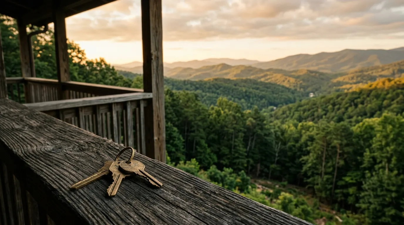 Brass house keys resting on a rustic wooden porch railing, overlooking pine-covered hills under soft morning light