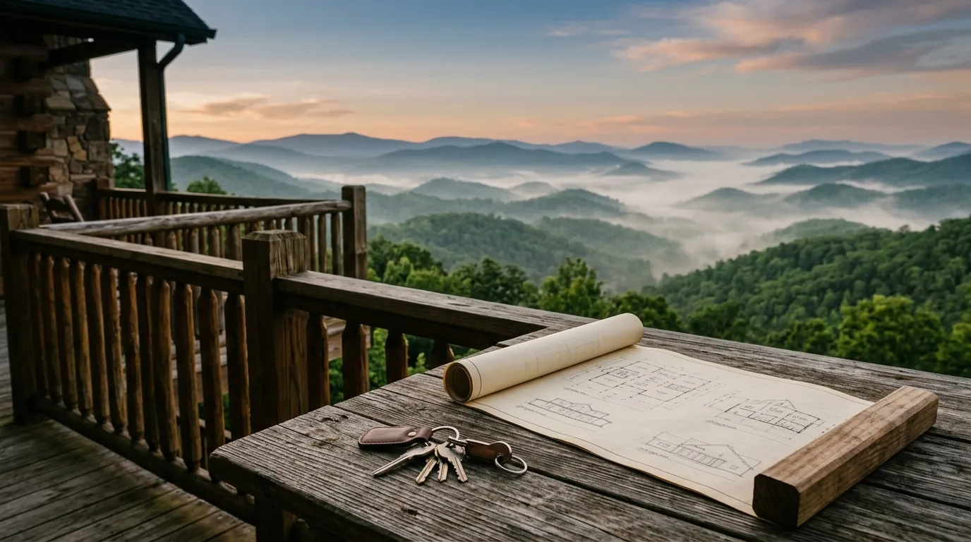 House keys and architectural blueprints rest on a rustic wooden balcony overlooking mist-covered green mountain ridges at morning twilight