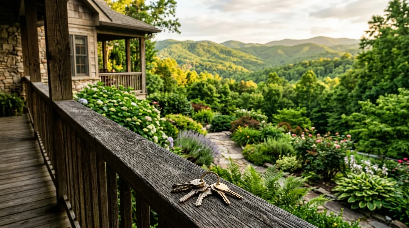 House keys resting on a rustic wooden porch railing, overlooking a well-maintained home's lush garden and distant rolling green hills