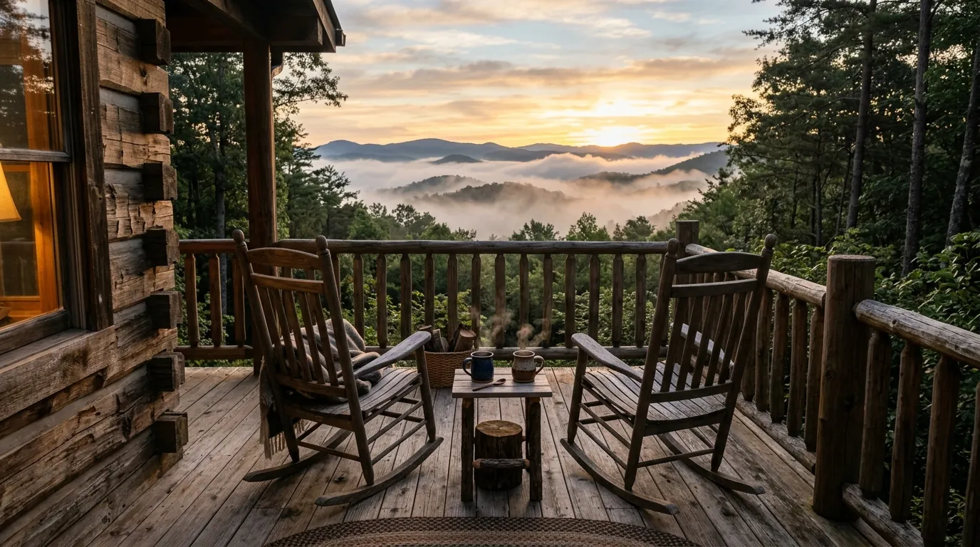 A rustic wooden cabin deck with two empty rocking chairs and warm coffee, overlooking foggy mountain slopes at sunrise