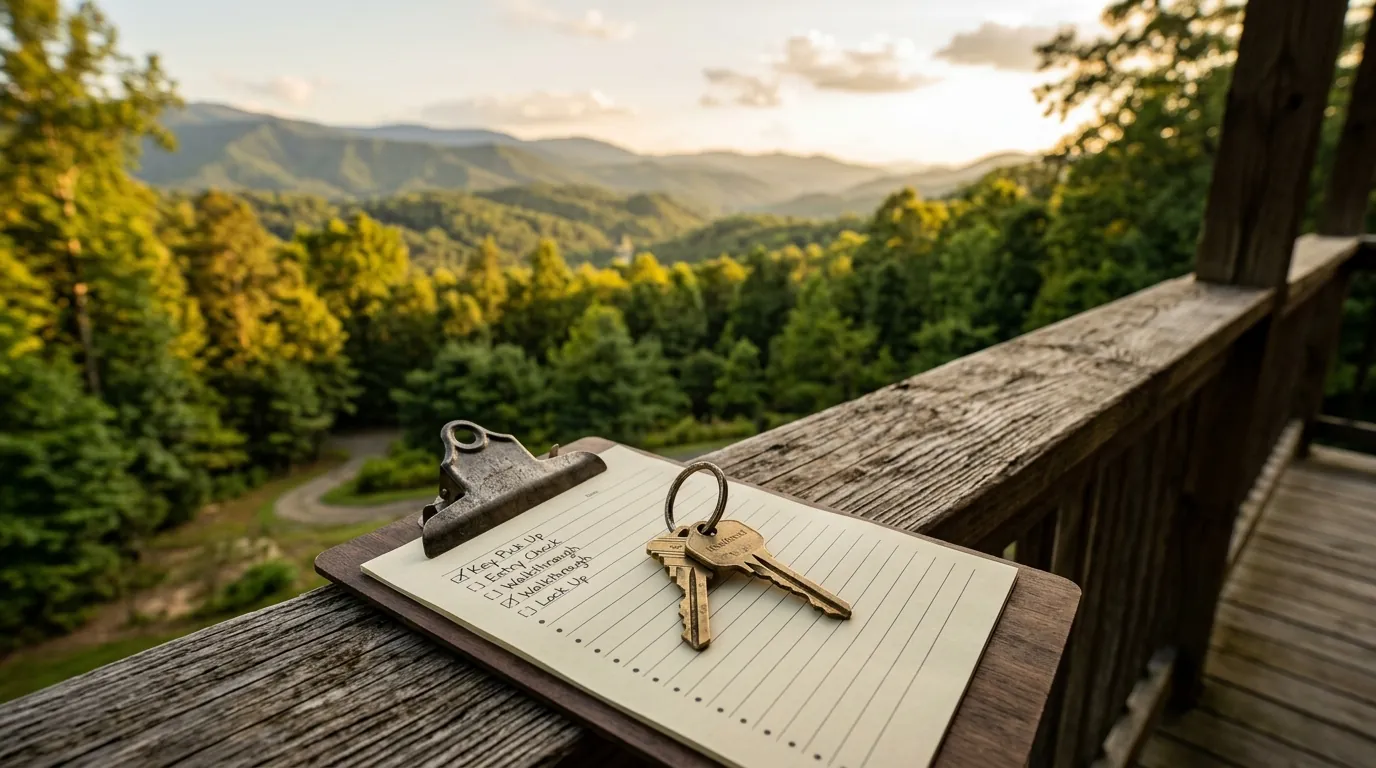 Brass house keys rest on a checklist clipboard on a sunny wooden porch railing, overlooking lush, rolling mountain woods
