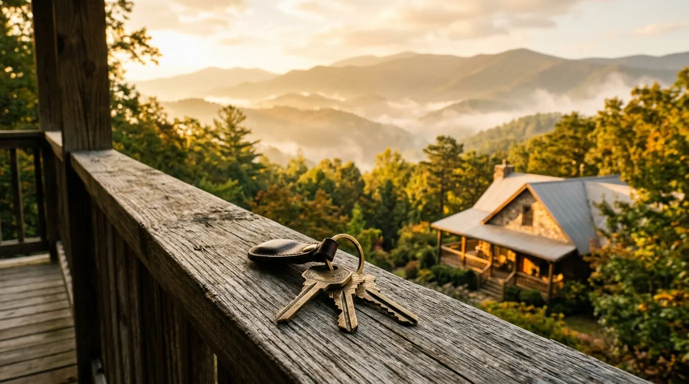 Brass house keys resting on a rustic wooden porch railing, overlooking misty mountain hills and a charming residential cottage in the background