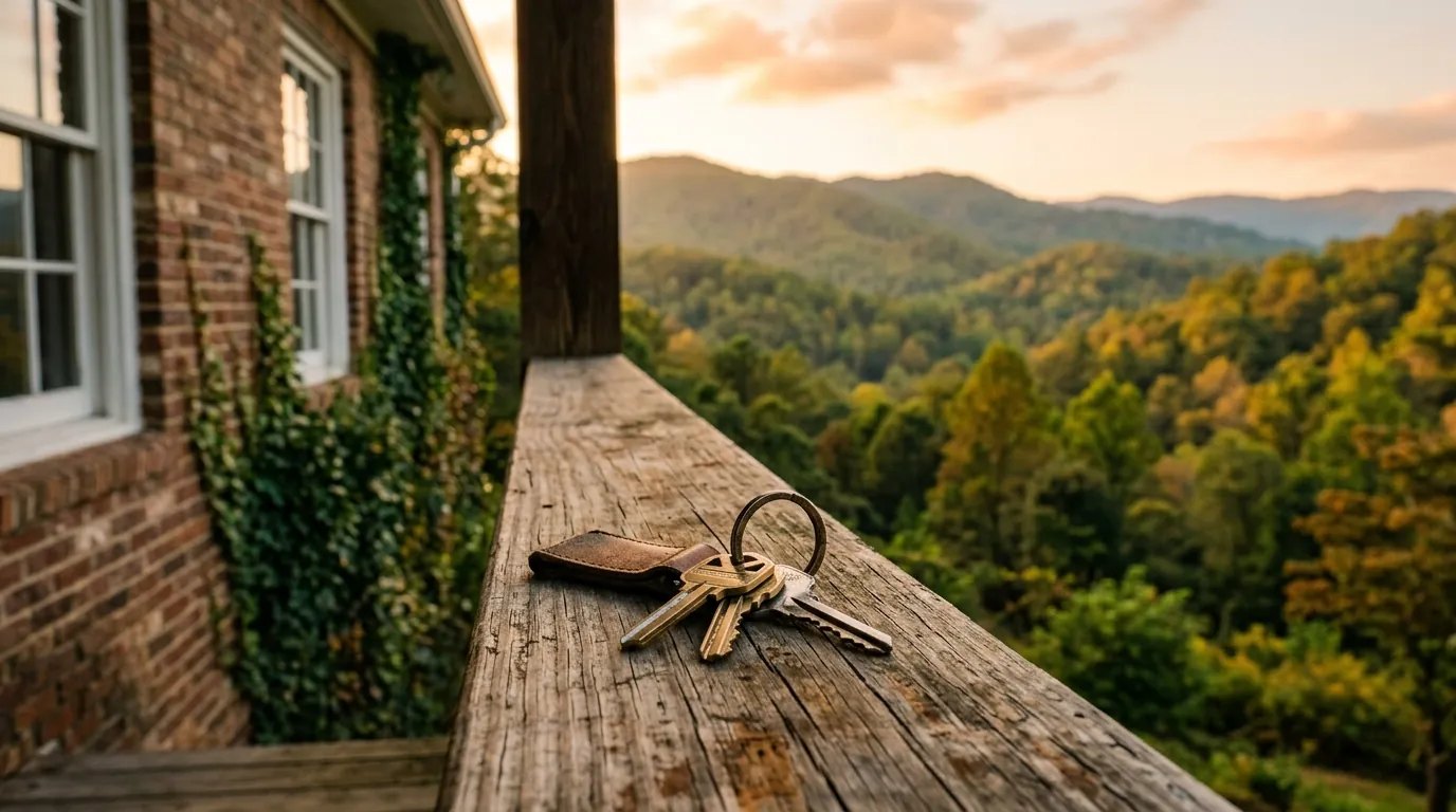 A set of house keys resting on a wooden porch railing of a classic brick cottage, with forested mountain hills blurred in the background