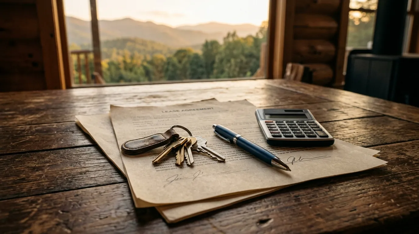 A set of house keys, a pen, and a calculator resting on top of a residential lease agreement on a rustic wooden tabletop