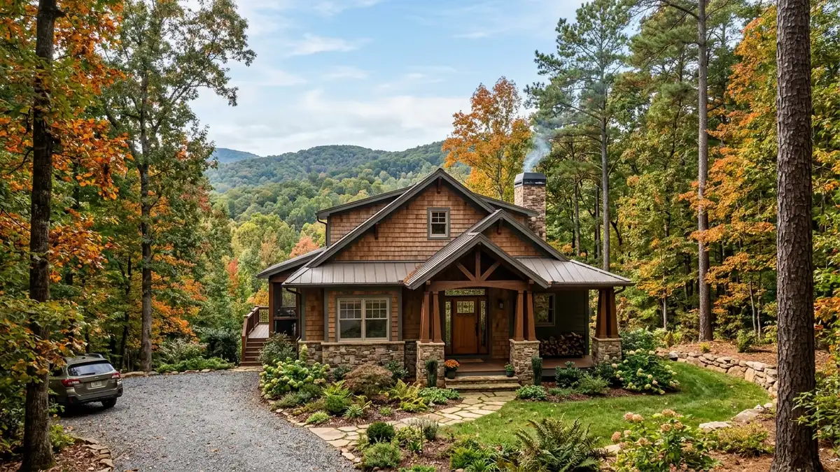 Craftsman-style home with cedar shingle siding and a covered front porch surrounded by autumn trees in a wooded North Georgia mountain setting, with rolling forested hills in the background