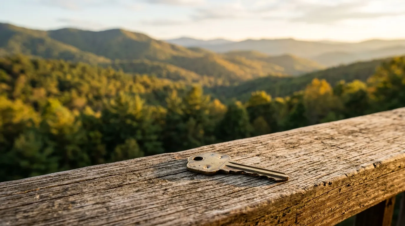 A house key resting on a wooden porch railing, with sunlit, forested mountain hills blurred gently in the background