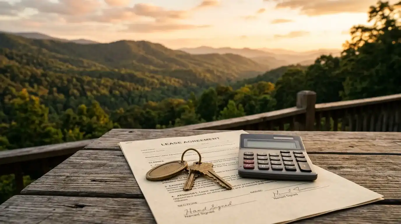 Brass house keys and a calculator rest on a residential lease agreement atop a wooden outdoor table overlooking a lush, forested mountain hillside