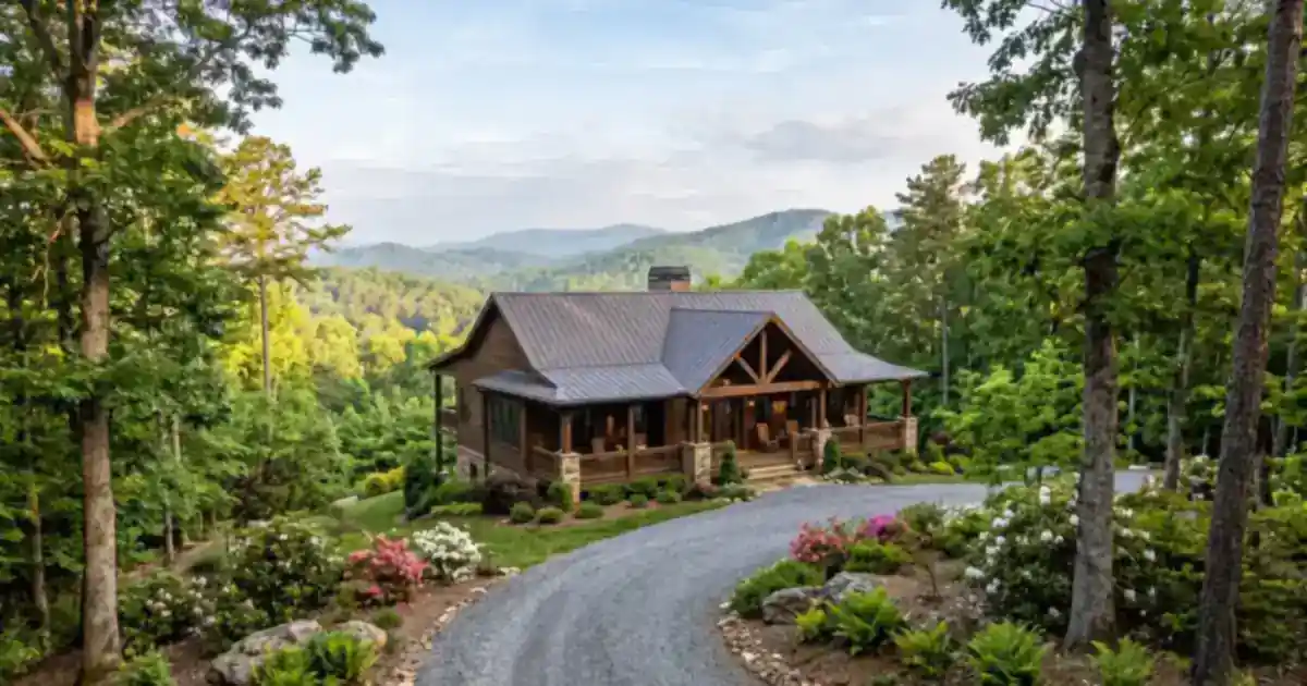 Single-story mountain home with dark wood siding, stacked-stone porch columns, and a metal roof beside a gravel drive and blooming azaleas in the North Georgia foothills.