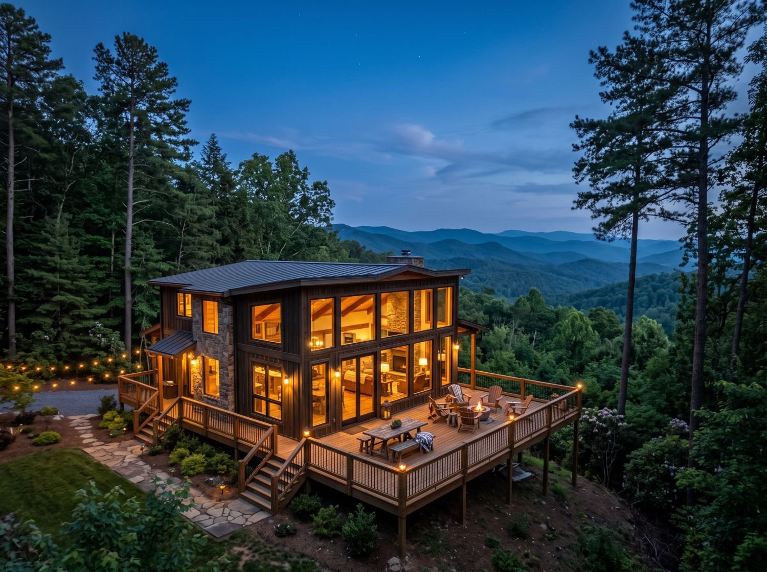 A modern mountain cabin rental lit up at twilight with a wraparound deck overlooking the Blue Ridge foothills