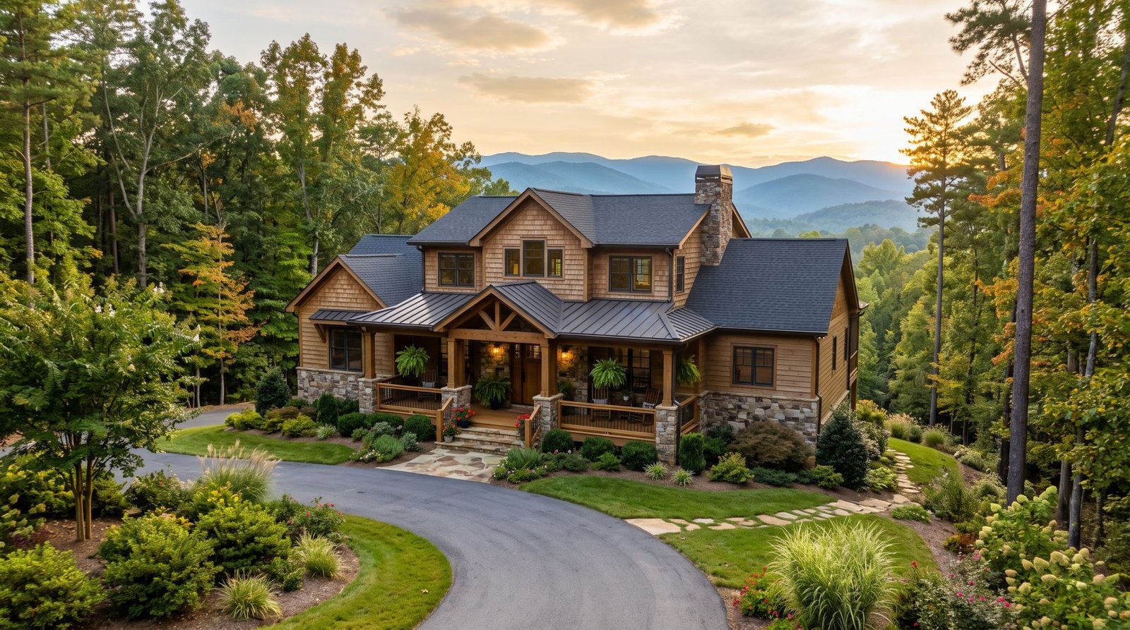 A well-maintained cedar-and-stone mountain home at golden hour with layered Blue Ridge ridgelines behind it