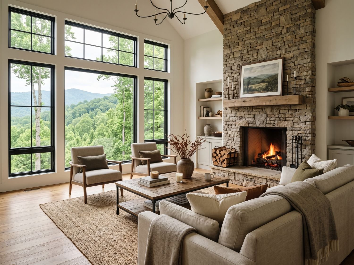 A tidy, furnished living room with a stone fireplace and large windows overlooking forested mountains