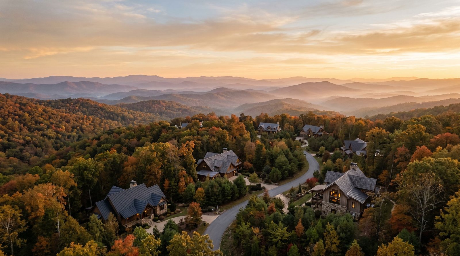 Golden-hour aerial of luxury homes nestled in the autumn forested Blue Ridge foothills near Dahlonega, with layered mountain ridgelines fading into mist